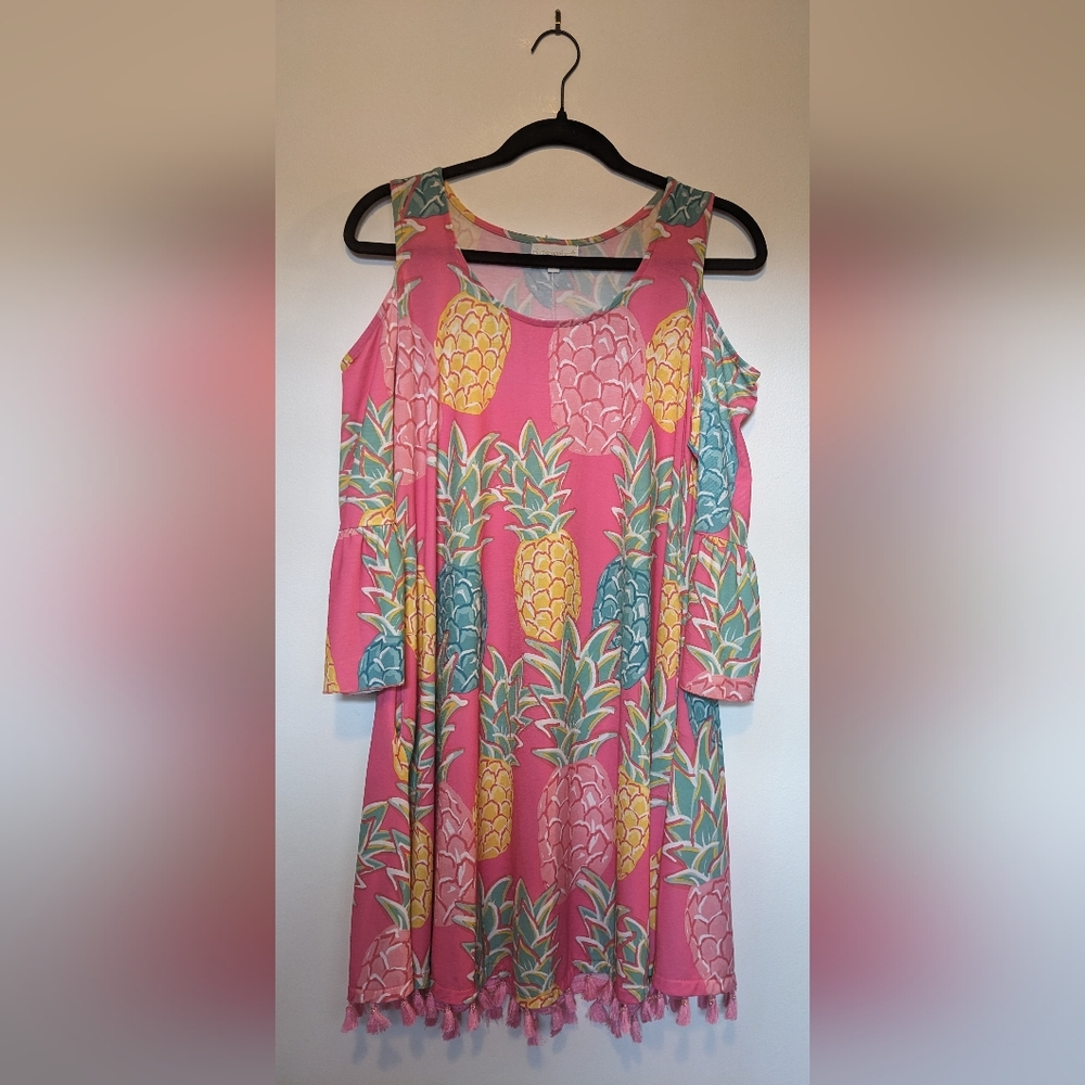 Simply Southern Pineapple Charleston Cold Shoulder Mini Tassel Swing Dress sz S